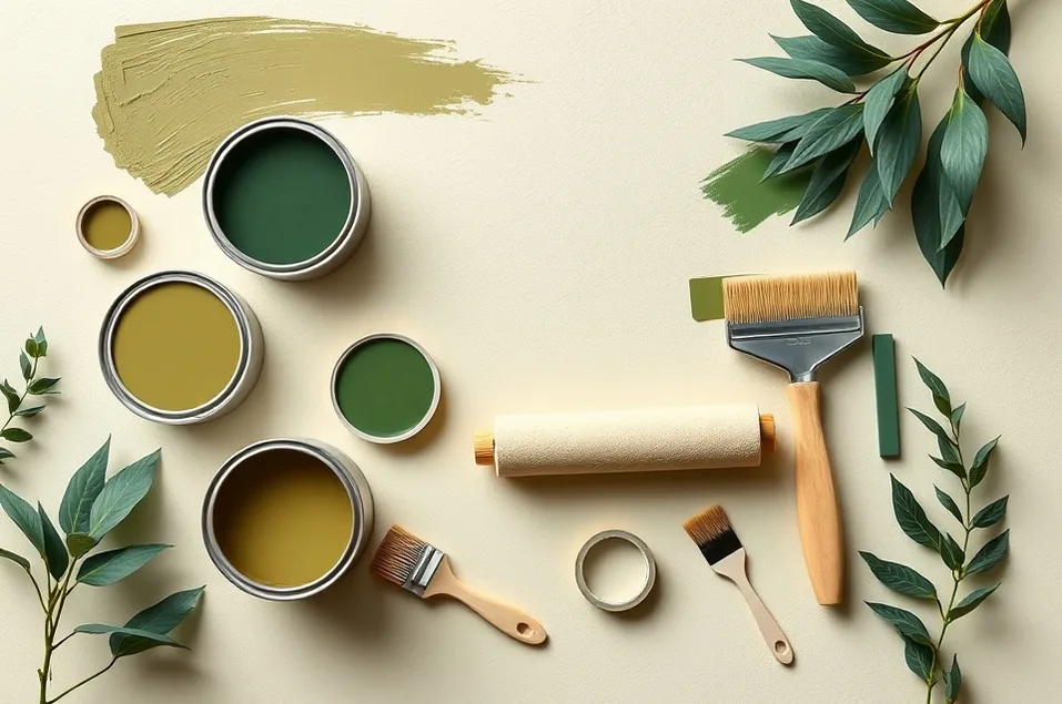 Pots de peinture, nuancier, brosses et rouleaux disposés à plat