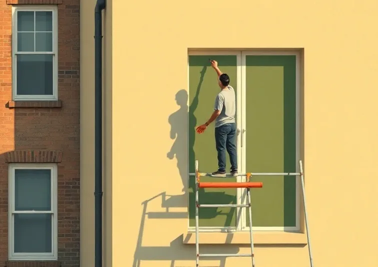Peintre sur échafaudage traitant la façade d'une maison