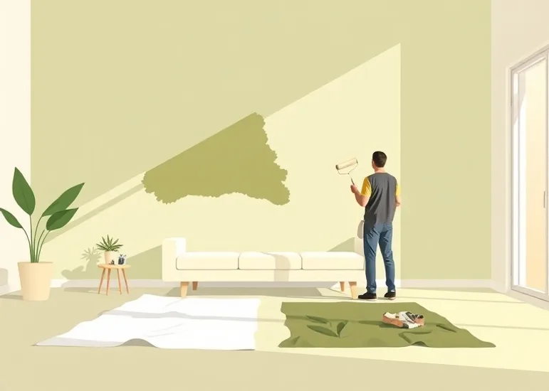 Peintre appliquant la peinture au rouleau sur un mur de salon